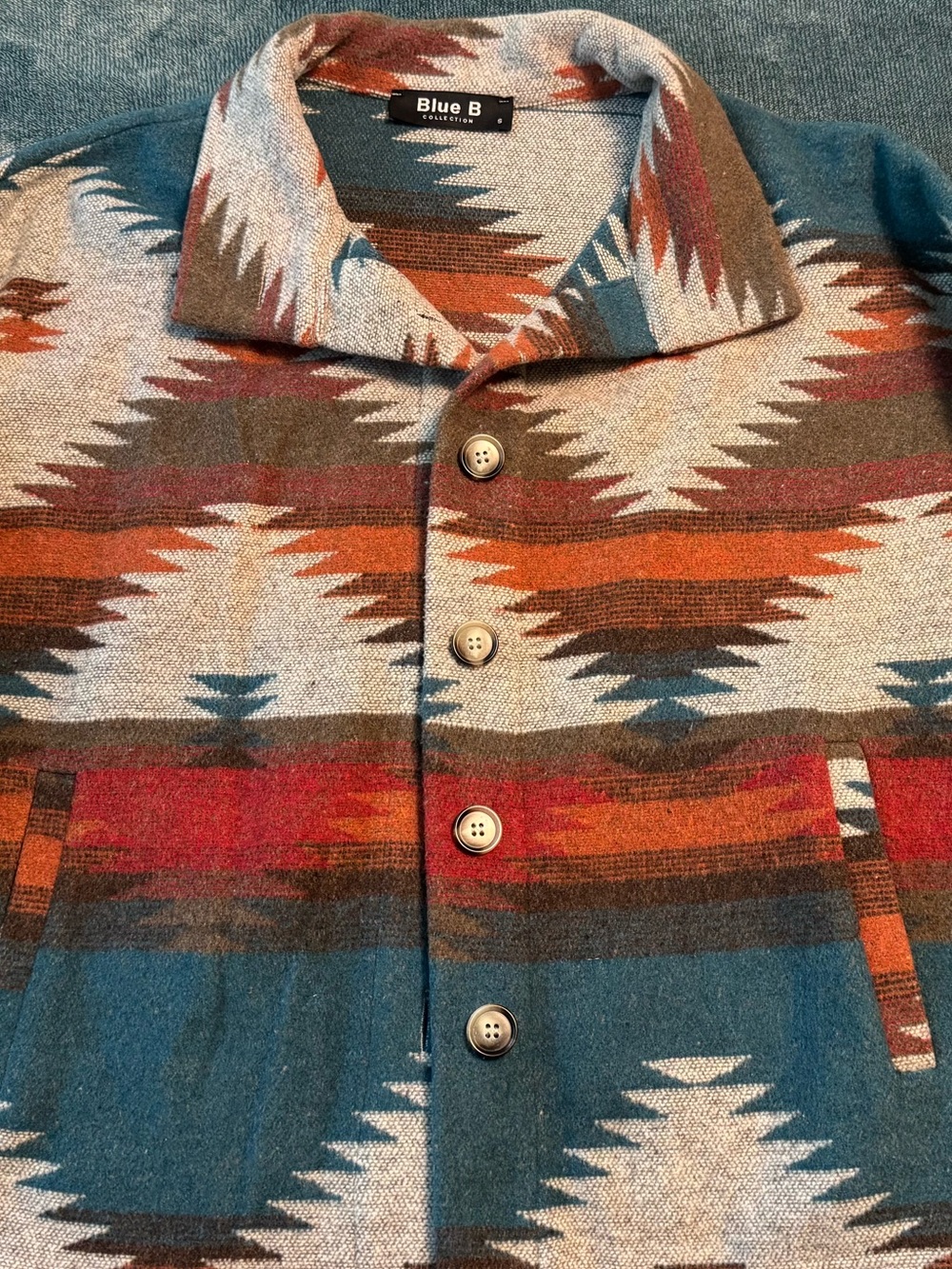 Blue B Womens Aztec Pattern Button-Front Jacket in Teal & Rust